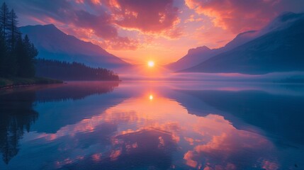 Fototapeta na wymiar A breathtaking sunrise over the serene waters of a tranquil mountain lake