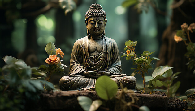 Meditating statue in lotus position brings tranquility to nature generated by AI
