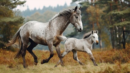 Obraz na płótnie Canvas Energetic gray foal prancing around its mother, displaying the bond between parent and offspring.