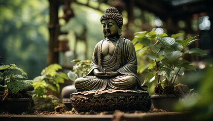 Meditating Buddha statue brings tranquility to ancient green forest generated by AI