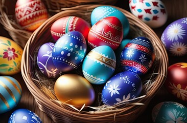 Fototapeta premium Multicolored hand painted decorated Easter eggs with spring blossom flowers. Easter celebration concept. Happy Easter background.