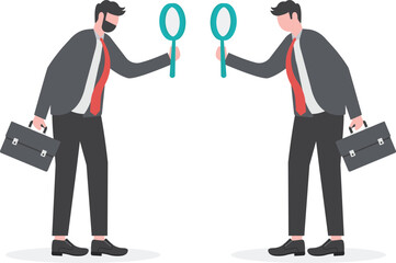 Suspicious or distrust partner, doubtful or pretending, analyzing fake or fraud, concerned or question of business transparency concept, suspicious businessman analyze each other with magnifying glass