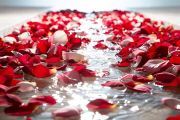 Red rose petals floating in water with reflection. Valentines day background