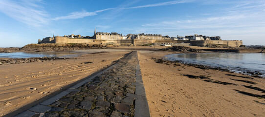 Saint-Malo Panorama from Grand Be Island with Coast during low tide and road