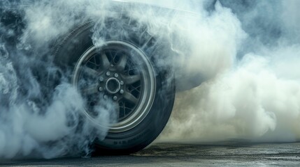 Car burnout wheels tire with white smoke, Blurred image diffusion race drift car with lots of smoke from burning tires on speed track. Generative Ai - obrazy, fototapety, plakaty