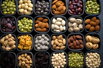 large assortment of different types of nuts in wooden boxes for the supermarket. vegan food. natural vitamins. top view