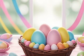 Fototapeta na wymiar Easter eggs in a basket on pastel background.