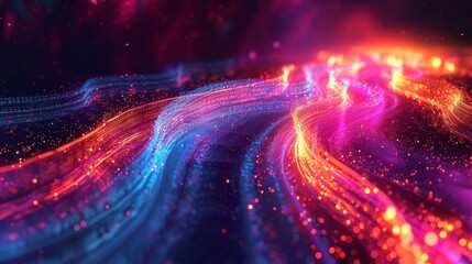 A chaotic fusion of neon light streaks, resembling data in motion