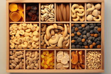 large assortment of different types of nuts in wooden boxes for the supermarket. vegan food. natural vitamins. top view