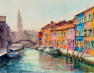 Colorful houses, canal and leaning church tower on Burano, island in the Venetian Lagoon. Italy watercolors painted. - 729587606