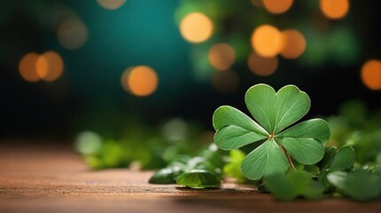 clover leaf on wooden table against golden bokeh background, space for text, st patrick's day...