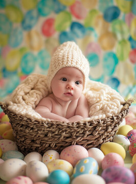 Cute children's creative Easter concept, small cute baby and painted eggs, family traditional holiday atmosphere.