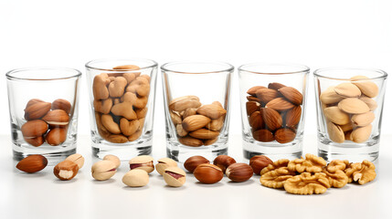 assortment of different types of nuts in glasses on a white background. vegan food. natural vitamins.