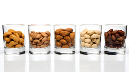 assortment of different types of nuts in glasses on a white background. vegan food. natural vitamins.