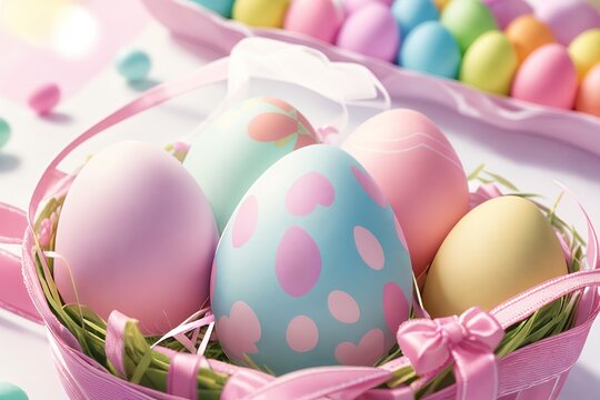 Easter eggs in a basket on pastel background.