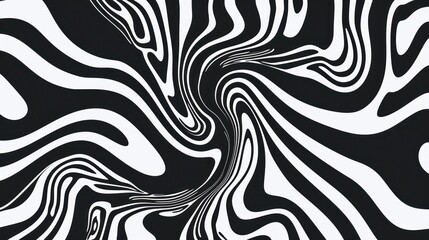 A black and white 2D contour showcases waves, swirls, and twisted patterns in a trendy retro psychedelic style, producing a twisted and distorted flat texture. This simple monochrome image represents 