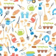 Seamless pattern with hand drawn gardening tools, agriculture equipment. Springtime wallpaper, horticulture concept