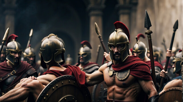 Spartan warriors in ornate armor and helmet
