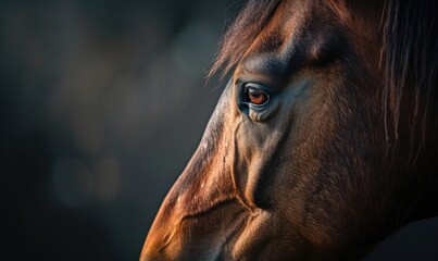 Closeup portrait of a brown horse with black eyes on a blurred background
