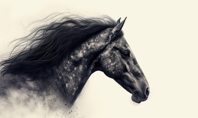Portrait of a black horse on a grunge background. 