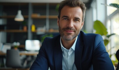 Fototapeta premium Portrait of young businessman sitting in office and looking at camera