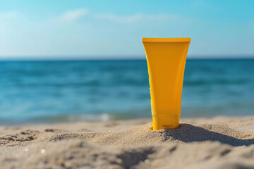Blank empty yellow plastic tube on the beach with blue ocean background, mockups for sunscreen lotion