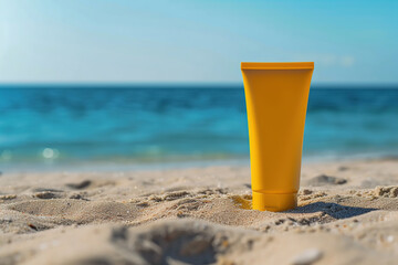 empty yellow plastic tube for sunscreen lotion on the beach