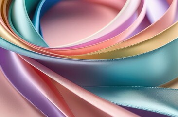 Curved pastel colored satin silk ribbon on colored background. Closeup.
