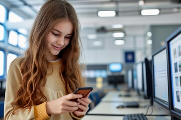 portrait of smiling student girl with mobile phone in classroom at school
