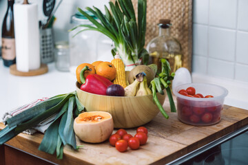 Healthy and healthy food with fruits, vegetables and greens