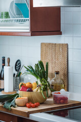 Healthy and healthy food with fruits, vegetables and greens