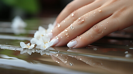 A beautiful clean hand of a women and fingers with nail art pedicure design  - obrazy, fototapety, plakaty