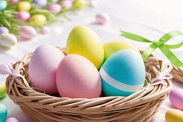Obraz na płótnie Canvas Easter eggs in a basket on pastel background.