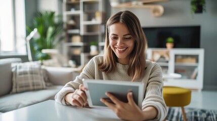Smiling young woman using digital tablet while sitting on couch at home