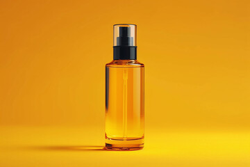 Fototapeta premium empty spray bottle with space for text on a yellow background, cosmetics.
