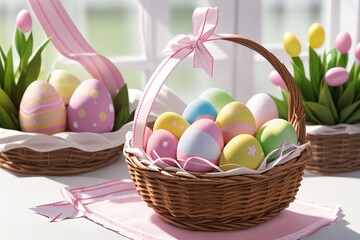 Obraz na płótnie Canvas Easter eggs in a basket on pastel background.