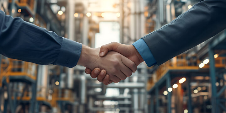 Businessmen shaking hands and collaborating on a business deal against the backdrop of an industrial factory.