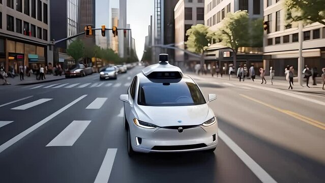 A self-driving car effortlessly navigating a busy city intersection, avoiding obstacles and pedestrians in real-time.