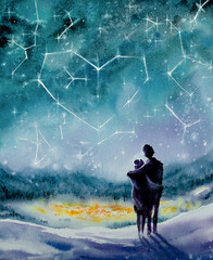 The couple hugs each other and looks down into the valley, where the village lights shine. Mountains in the background. The stars in the sky are arranged in the sign of a large heart. Picture painted 