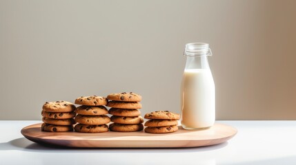 Chocolate chip cookies and bottle of milk on wooden tray