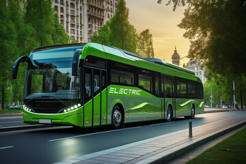 Obraz premium Green electric bus on a city street. Eco-friendly vision of urban transport for a sustainable and clean future