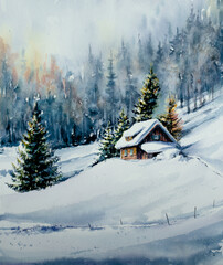 Watercolors original painting of winter mountain landscape and houses covered with snow. - 729590450