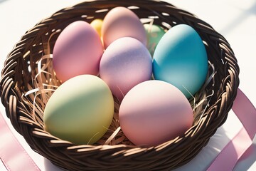 Easter eggs in a basket on pastel background.