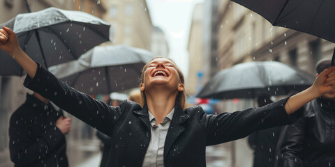 Geschäftsfrau sticht aus der Menge hervor und genießt den Regen