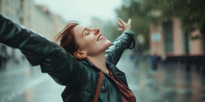Frau steckt voller Lebensfreude und genießt den Regen