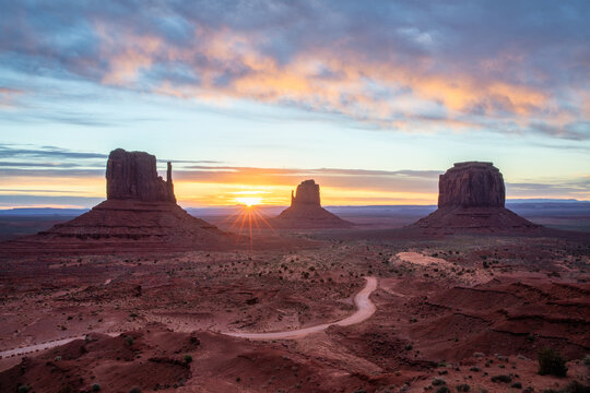 Monument Valley with its epic rock formations at sunrise between Arizona and Utah in Southwest of USA