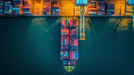 Top view container cargo ship working at night, Business logistic and transportation. Generative Ai