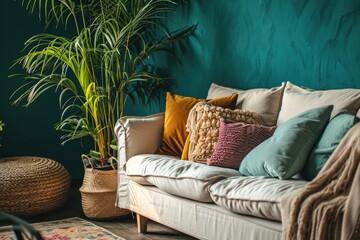Scandinavian Aesthetic: Modern Living Room with Colorful Sofa and Houseplant Decor