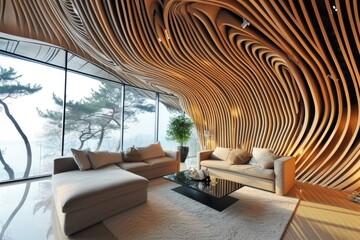 Minimalist Luxury Living Room Interior with Curved Paneling and Modern Furniture