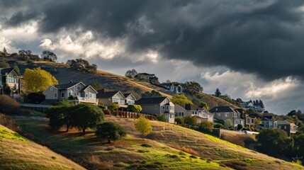 Fototapeta na wymiar Silicon Valley Winter Wonderland: New Homes in Dublin Hills Amidst Approaching Storm Clouds